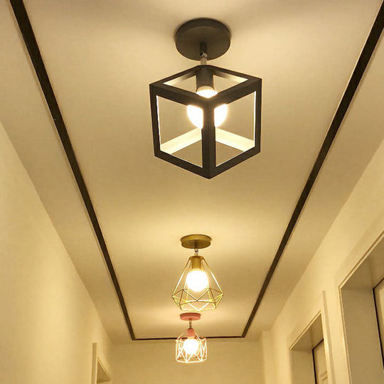 Retro Geometric Semi Flush Mount Lighting - Iron Fixture For Entryway