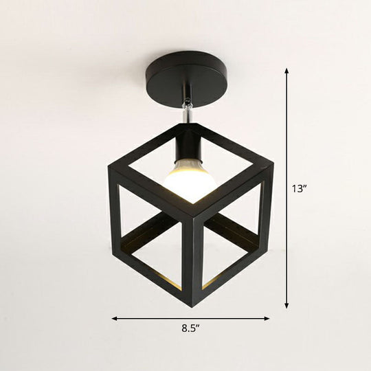 Retro Geometric Semi Flush Mount Lighting - Iron Fixture For Entryway Black / Square