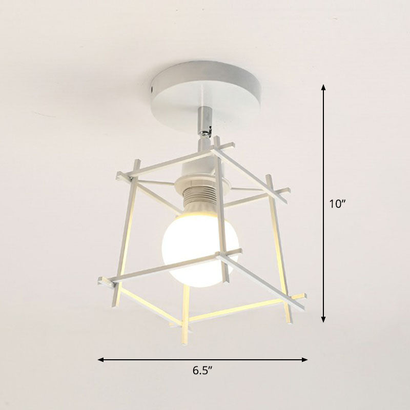 Retro Geometric Semi Flush Mount Lighting - Iron Fixture For Entryway White / Square Plate