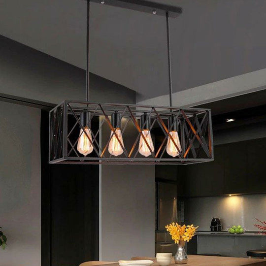 Industrial Cross Framed Pendant Light In Black For Dining Room - Iron Hanging Island