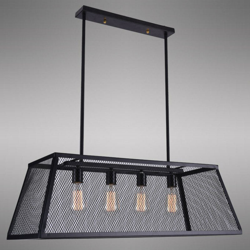 Antique Black Iron Trapezoid Suspension Light With 4 Heads - Restaurant Island Chandelier