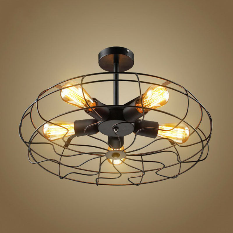 Black Iron Fan Cage Chandelier with 5 Bulbs - Simple Ceiling Light Fixture