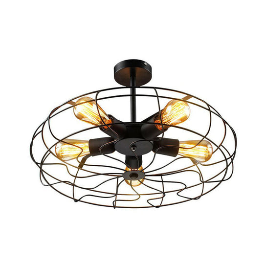 Black Iron Fan Cage Chandelier with 5 Bulbs - Simple Ceiling Light Fixture