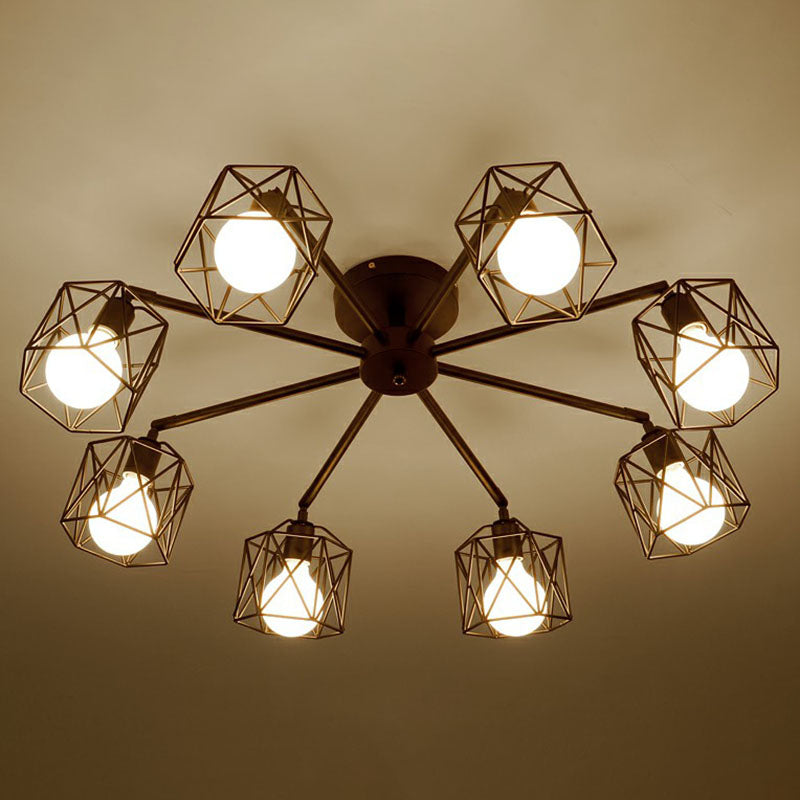 Retro Radial Iron Pendant Light with 8 Bulbs for Barbershop in Black