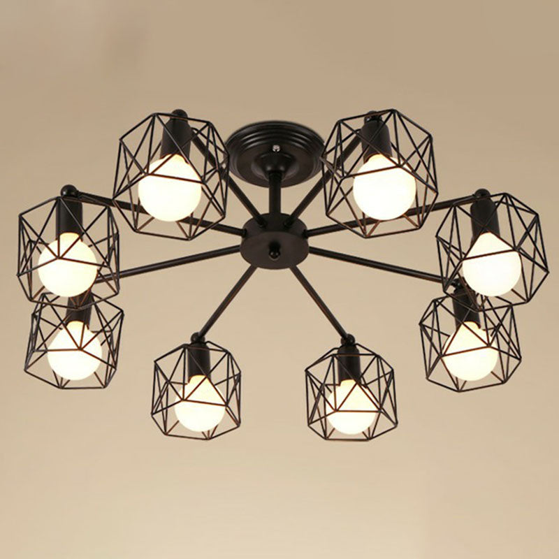 Retro Style Iron Pendant Chandelier With 8 Bulbs - Black Ideal For Barbershops / Polygon