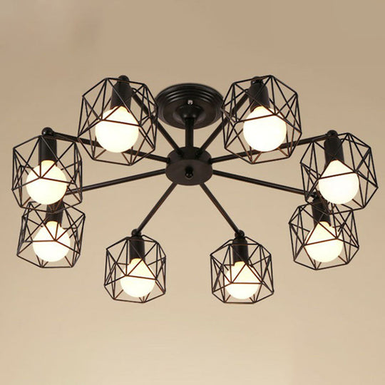 Retro Style Iron Pendant Chandelier With 8 Bulbs - Black Ideal For Barbershops / Polygon