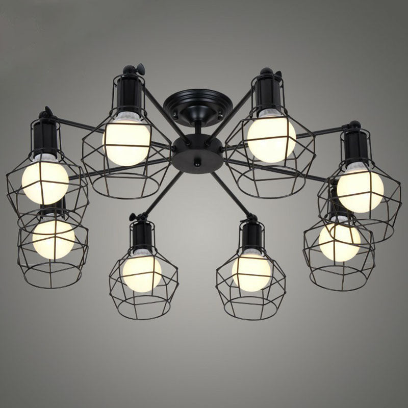 Retro Style Iron Pendant Chandelier With 8 Bulbs - Black Ideal For Barbershops / Circle