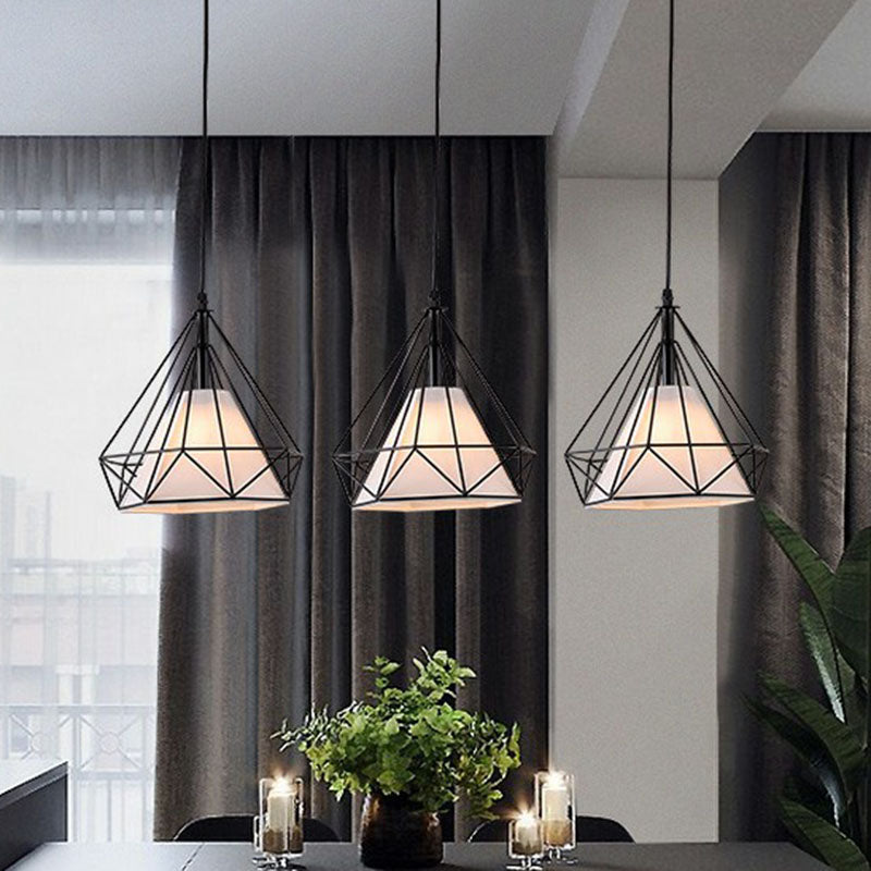 Industrial Diamond Cage Multi-Light Pendant - 3 Heads Iron Hanging Lighting For Dining Room