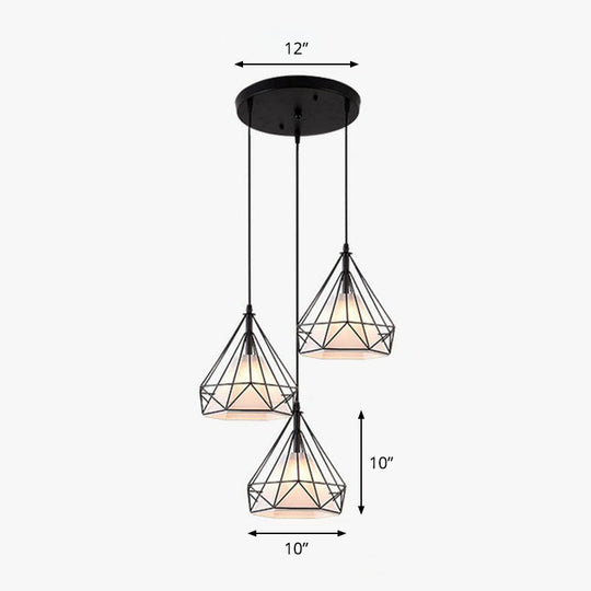 Industrial Diamond Cage Pendant Light with 3 Iron Heads - Stylish Lighting for Dining Room