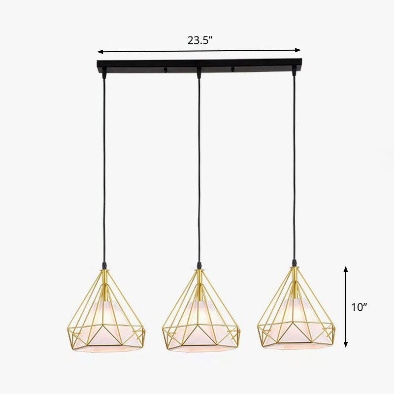 Industrial Diamond Cage Multi-Light Pendant - 3 Heads Iron Hanging Lighting For Dining Room Gold /