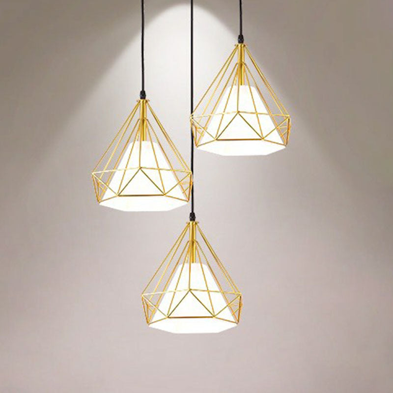 Industrial Diamond Cage Multi-Light Pendant - 3 Heads Iron Hanging Lighting For Dining Room