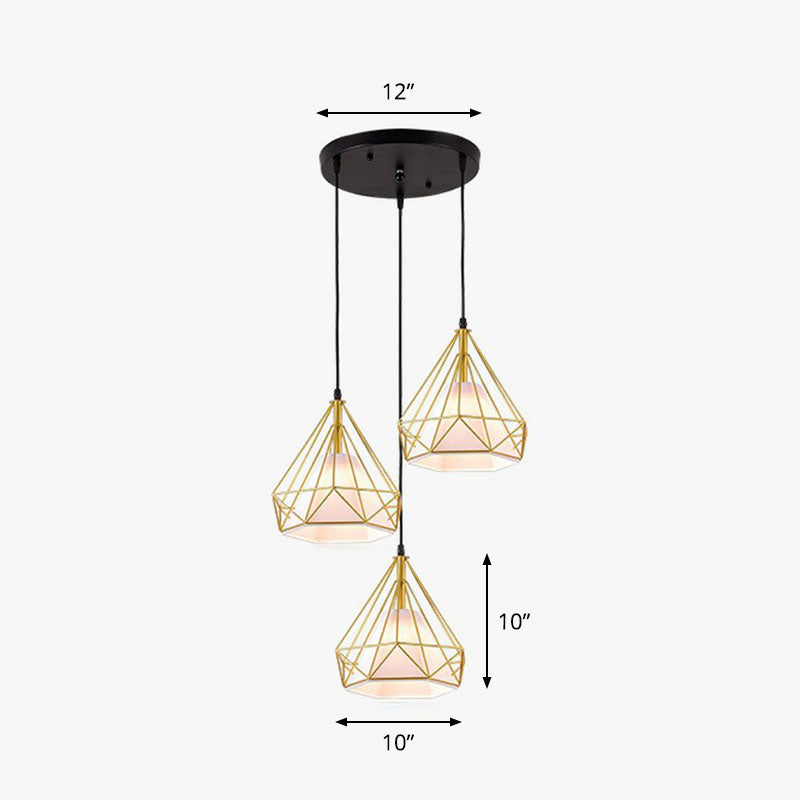 Industrial Diamond Cage Multi-Light Pendant - 3 Heads Iron Hanging Lighting For Dining Room Gold /