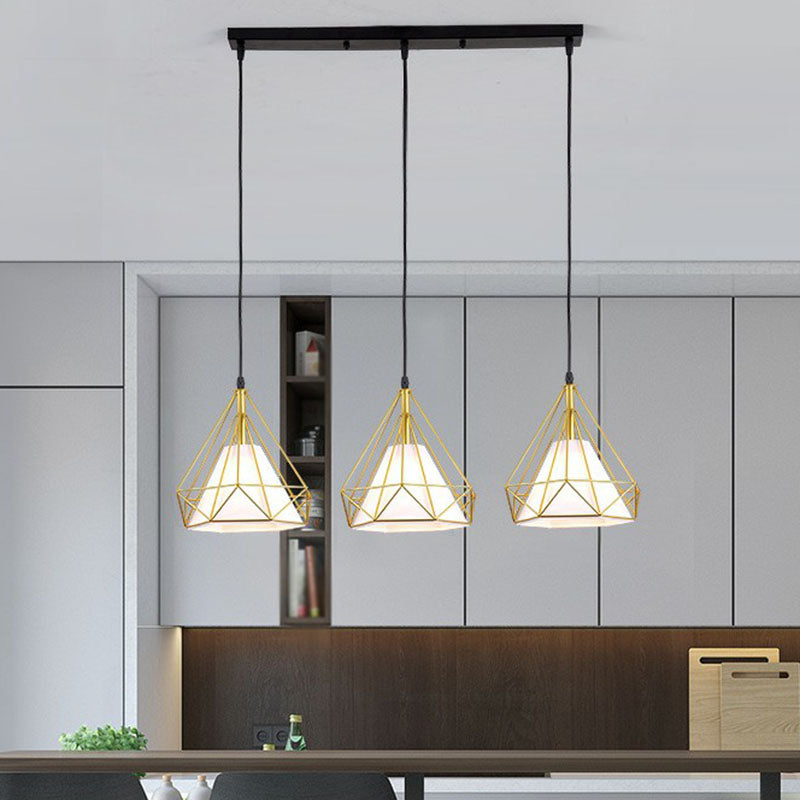 Industrial Diamond Cage Multi-Light Pendant - 3 Heads Iron Hanging Lighting For Dining Room