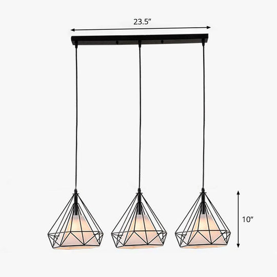 Industrial Diamond Cage Multi-Light Pendant - 3 Heads Iron Hanging Lighting For Dining Room Black /