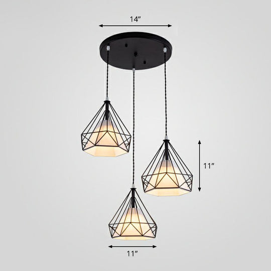 Vintage Diamond Cage Iron Pendant Light With Inner Cone Shade And 3 Bulbs Ideal For Restaurants