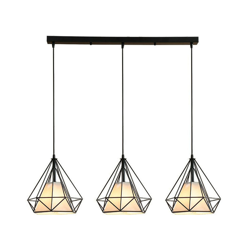 Antique 3-Head Fabric Conical Hanging Light: Stylish Dining Room Pendant with Diamond Cage