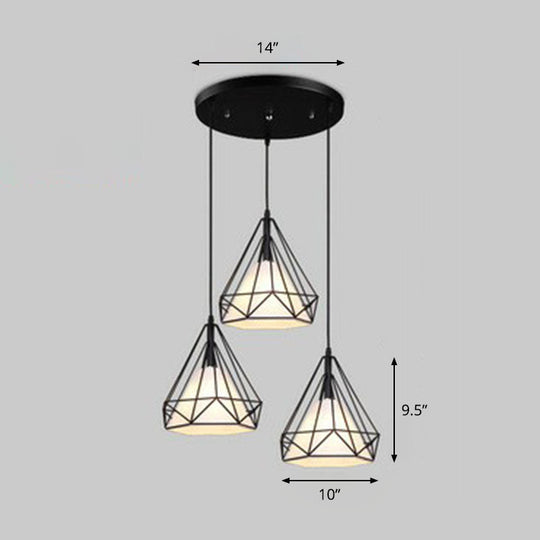 Antique 3-Head Fabric Conical Hanging Light: Stylish Dining Room Pendant with Diamond Cage