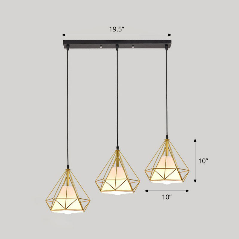 Simplicity Diamond Frame Iron Ceiling Light With 3 Multi Bulbs For Restaurant Gold / Linear