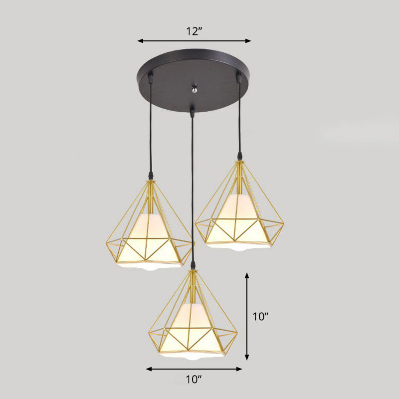 Simplicity Diamond Frame Iron Ceiling Light With 3 Multi Bulbs For Restaurant Gold / Round