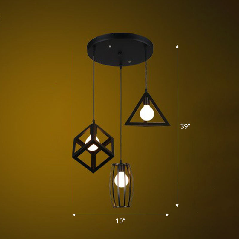 Framed Retro Pendant Light: Iron Multi-Lamp Fixture For Restaurants (3 Bulbs) Black / Round