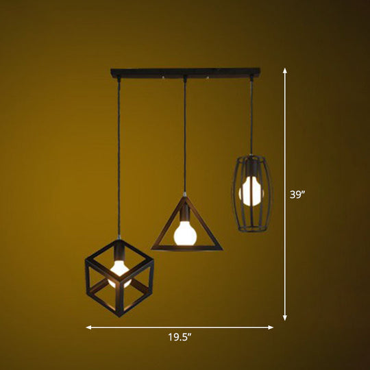 Retro Pendant Ceiling Light with Iron Frame - 3 Bulbs - Multi Lamp Pendant Ideal for Restaurants