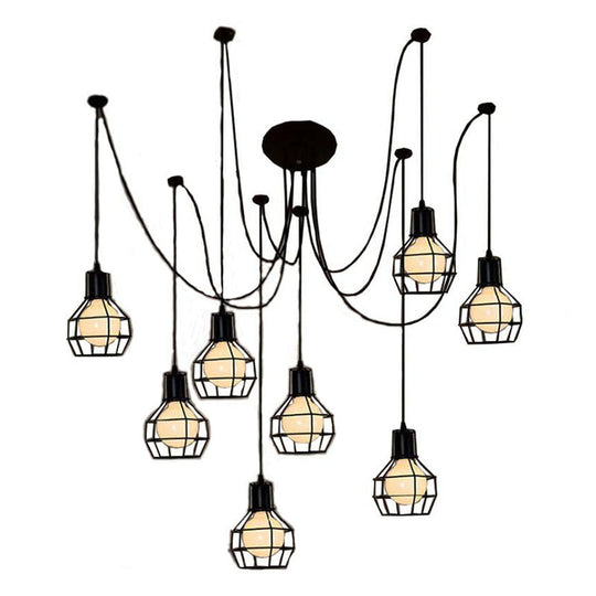 Spider Iron Pendant With Grenade Cage - Industrial Hanging Lighting For Restaurants Black 8-Bulb