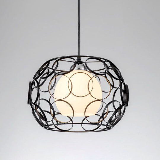 Industrial Single Pendant Ceiling Light With Metallic Cage - Cream Glass & Globular Design Ideal For