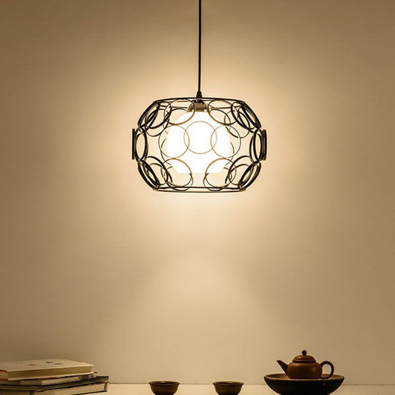 Cream Glass Industrial Pendant Light with Metallic Cage for Restaurants - Global Ceiling Hanging