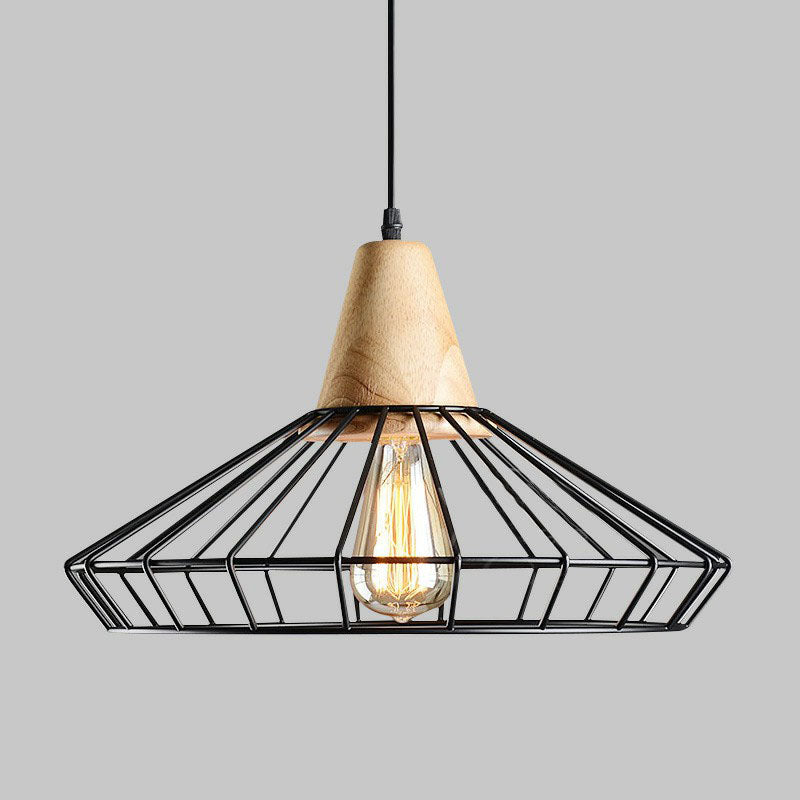 Antique Black Iron Pendant Light with Wooden Top - Rustic Hanging Fixture, 1-Light