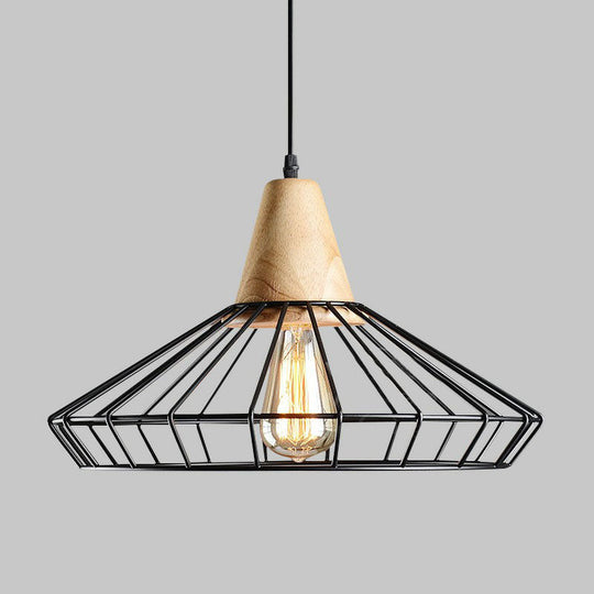 Antique Black Iron Pendant Light with Wooden Top - Rustic Hanging Fixture, 1-Light