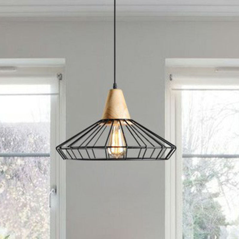 Antique Black Iron Pendant Light with Wooden Top - Rustic Hanging Fixture, 1-Light