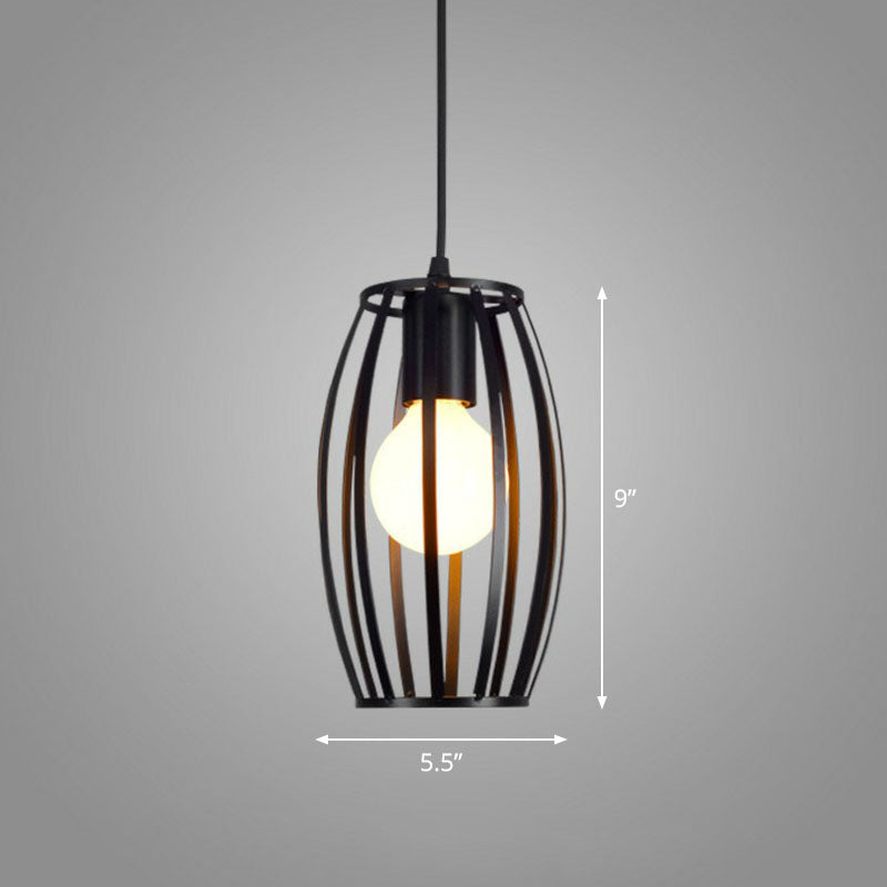 Sleek Black Iron Pendant Light - Geometric Cage Design With 1-Bulb For Corridors / Oval