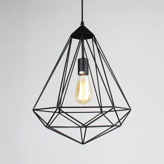 Retro Style Black Iron Gemstone Frame Pendant Ceiling Light for Restaurants - 1 Head Suspension Lighting