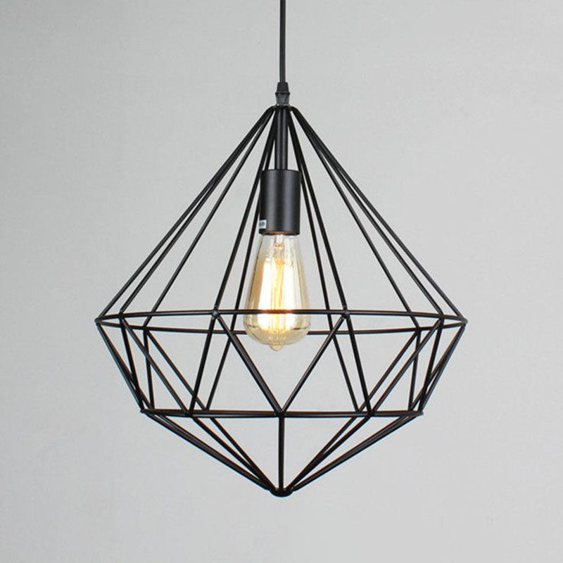 Retro Style Black Iron Gemstone Frame Pendant Ceiling Light for Restaurants - 1 Head Suspension Lighting