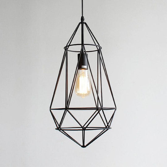 Retro Style Black Iron Gemstone Frame Pendant Ceiling Light for Restaurants - 1 Head Suspension Lighting