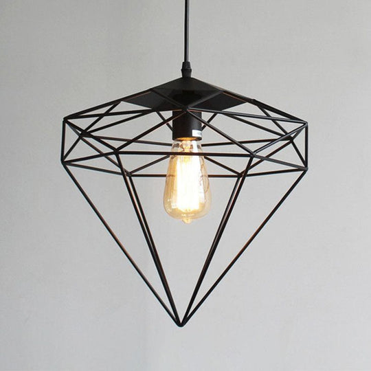 Retro Style Black Iron Gemstone Frame Pendant Ceiling Light for Restaurants - 1 Head Suspension Lighting