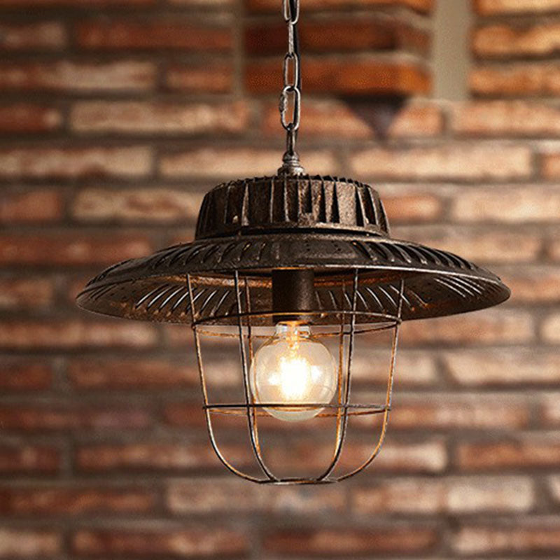 Vintage Iron Pendant Light in Antique Black - Single Ceiling Mount Pot Cover Design