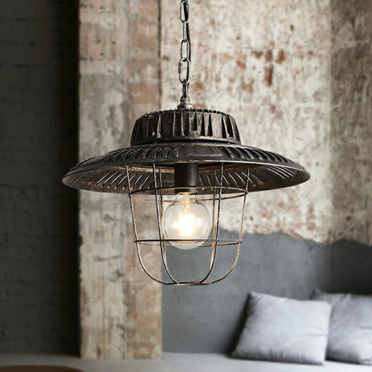 Vintage Iron Pendant Light in Antique Black - Single Ceiling Mount Pot Cover Design