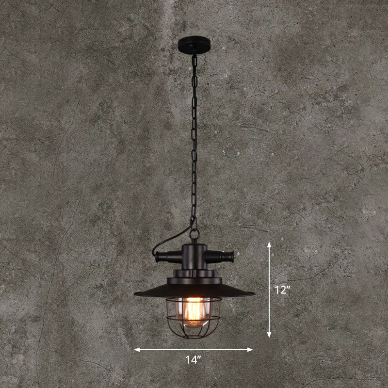 Iron Pendant Light - Antique 1-Light Restaurant Hanging Fixture In Black With Pot Lid Design