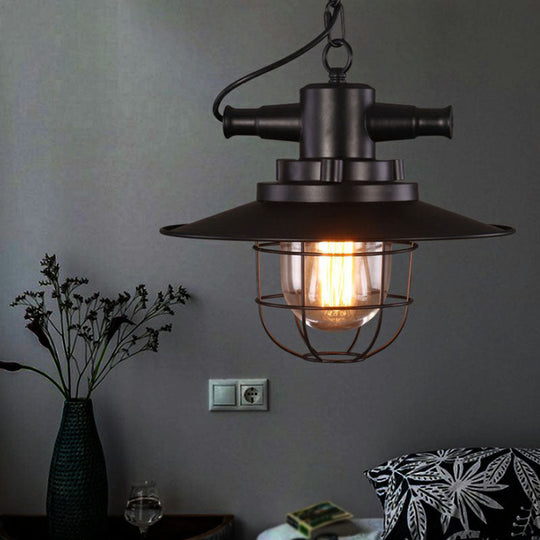 Iron Pendant Light - Antique 1-Light Restaurant Hanging Fixture In Black With Pot Lid Design