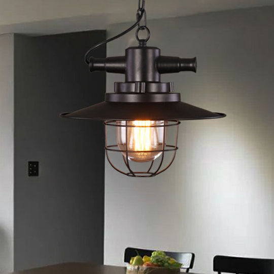 Iron Pendant Light - Antique 1-Light Restaurant Hanging Fixture In Black With Pot Lid Design