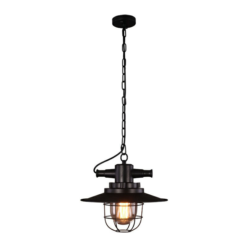 Iron Pendant Light - Antique 1-Light Restaurant Hanging Fixture In Black With Pot Lid Design