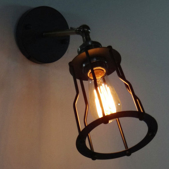 Iron Caged Wall Light Retro Style 1 Head Lighting In Black For Living Room