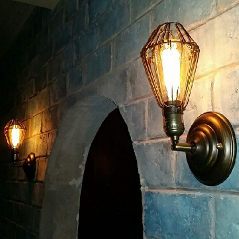 Black Industrial Wall Mount Iron Light Fixture With Single Pear Cage Bulb