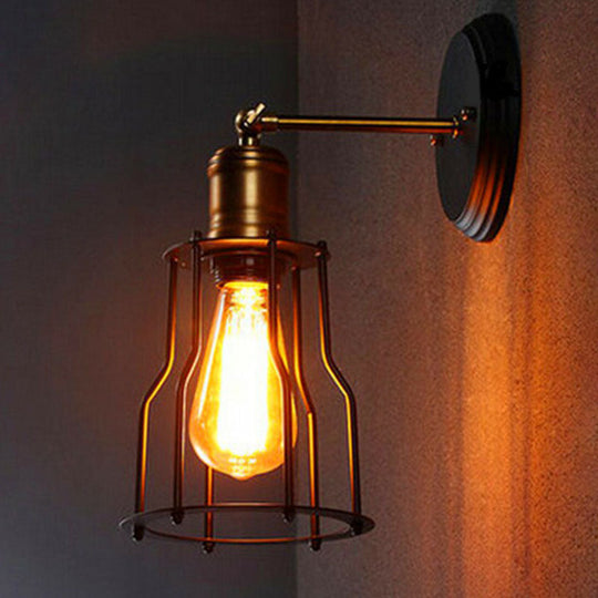 Antique Style 1-Light Black Iron Wall Mount Light With Cage Shade For Corridor Lighting