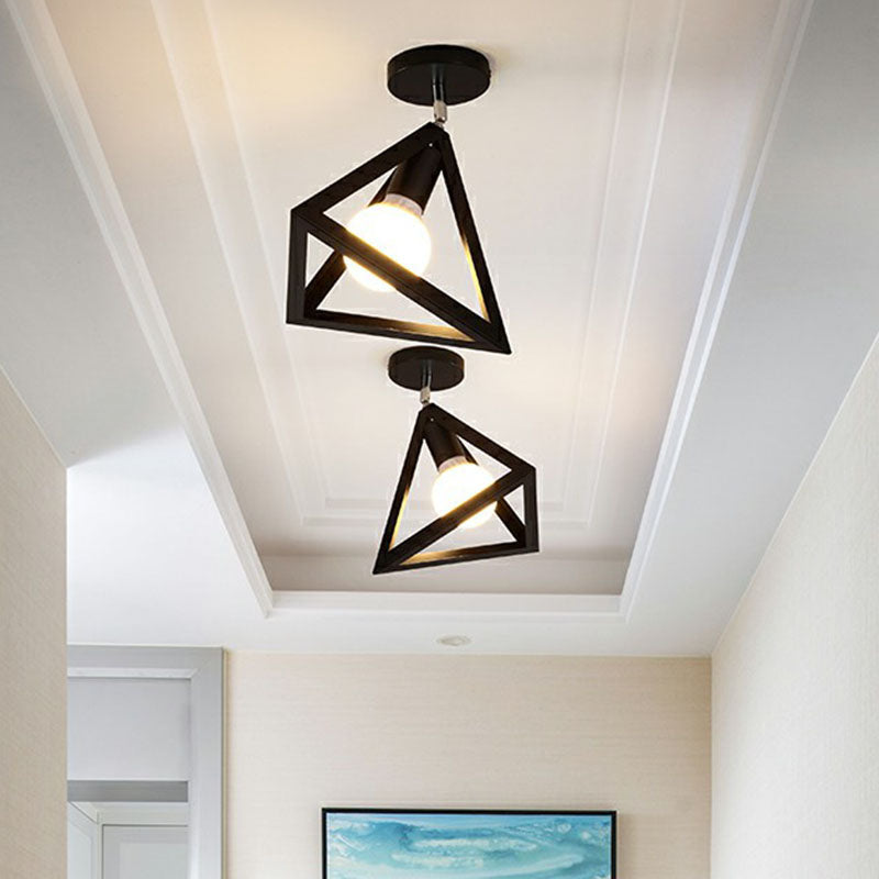 Black Geometric Semi-Flush Mount Ceiling Light with Metallic Antique Finish and Single Bulb for Corridors