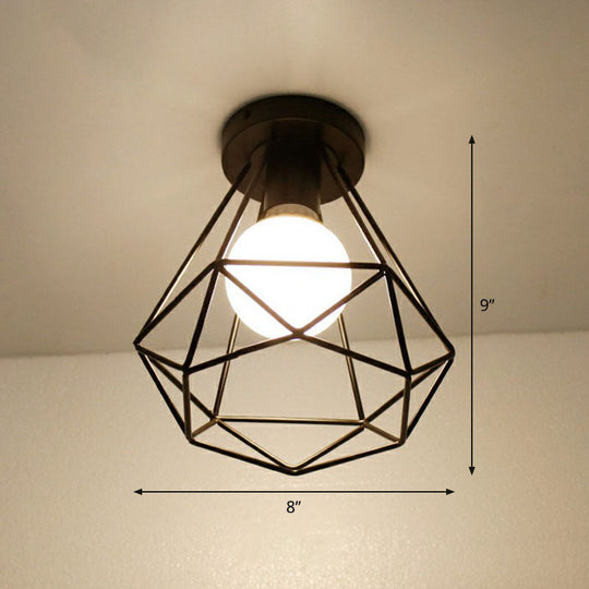 Black Geometric Semi-Flush Mount Ceiling Light with Metallic Antique Finish and Single Bulb for Corridors