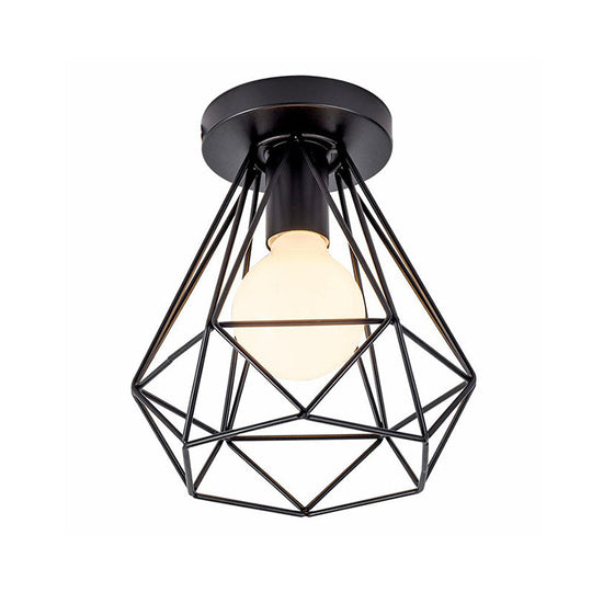 Black Geometric Semi-Flush Mount Ceiling Light with Metallic Antique Finish and Single Bulb for Corridors