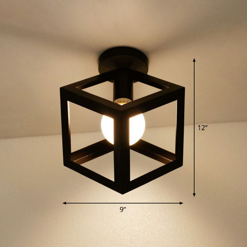 Black Geometric Semi-Flush Mount Ceiling Light with Metallic Antique Finish and Single Bulb for Corridors