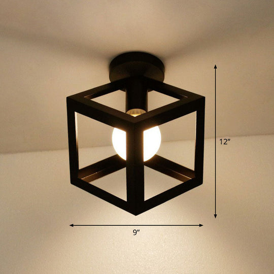 Black Geometric Semi-Flush Mount Ceiling Light With Metallic Antique Finish And Single Bulb For